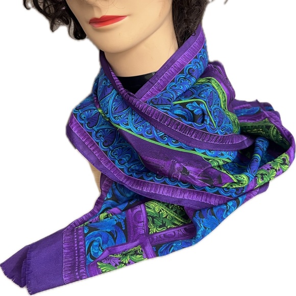 VINTAGE ADRIENNE VITTADINI SILK SCARF Geometric Design Vibrant Purple Green Blue - Picture 6 of 17